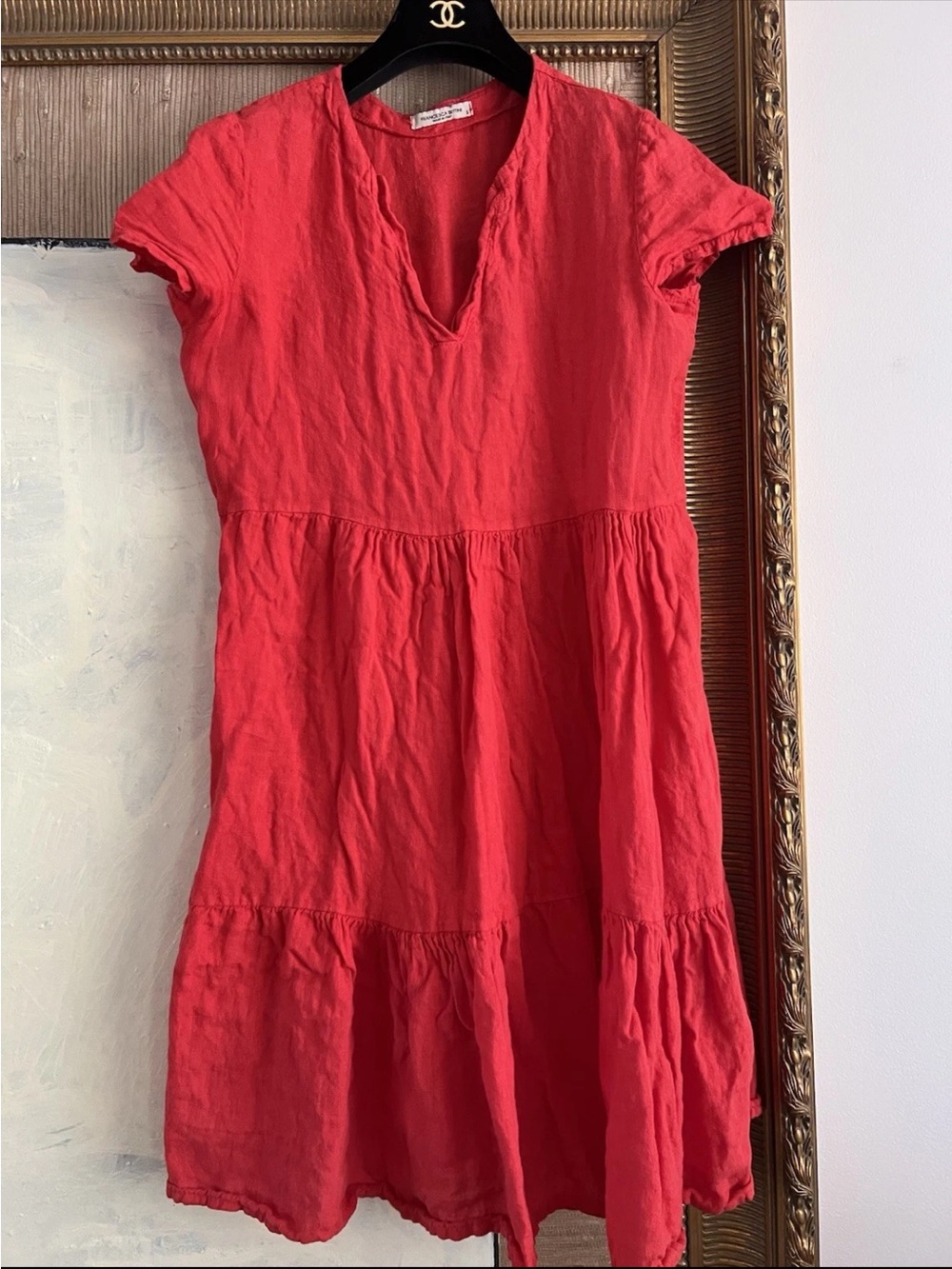 V-Neck francesca bettini Italy 110% linen Lino dress S Small Red
